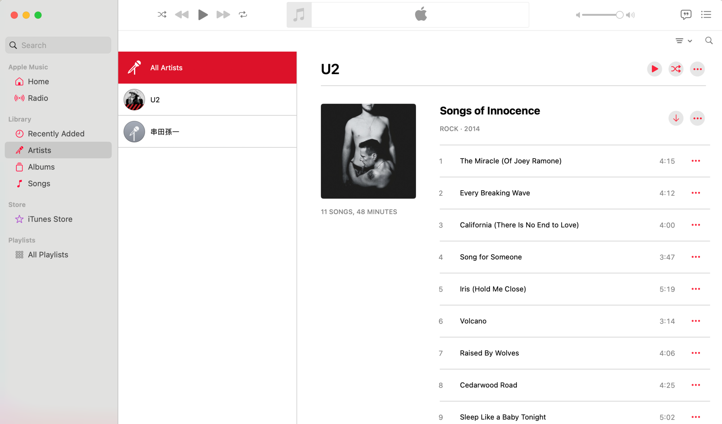 Page from Apple Music showing menu at left, and songs from the album “Songs of Innocence” in center.